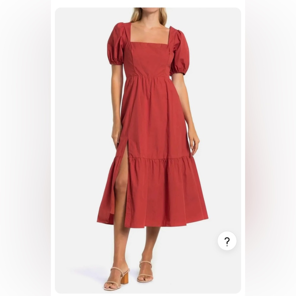 ASTR Poplin Puff Sleeve Midi Dress in Rust